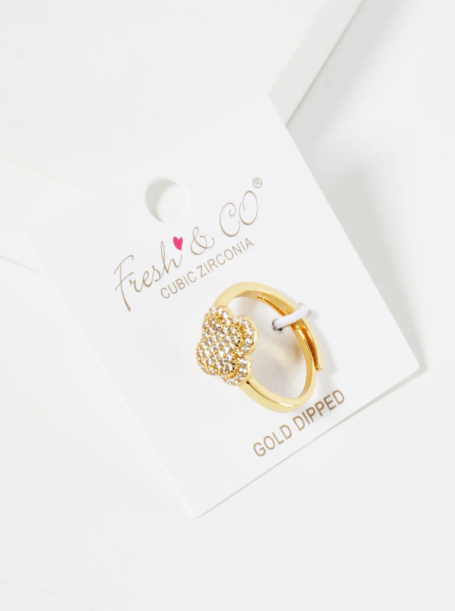 18K Gold Dipped Pave Set CZ 12mm Quatrefoil Adjustable Ring