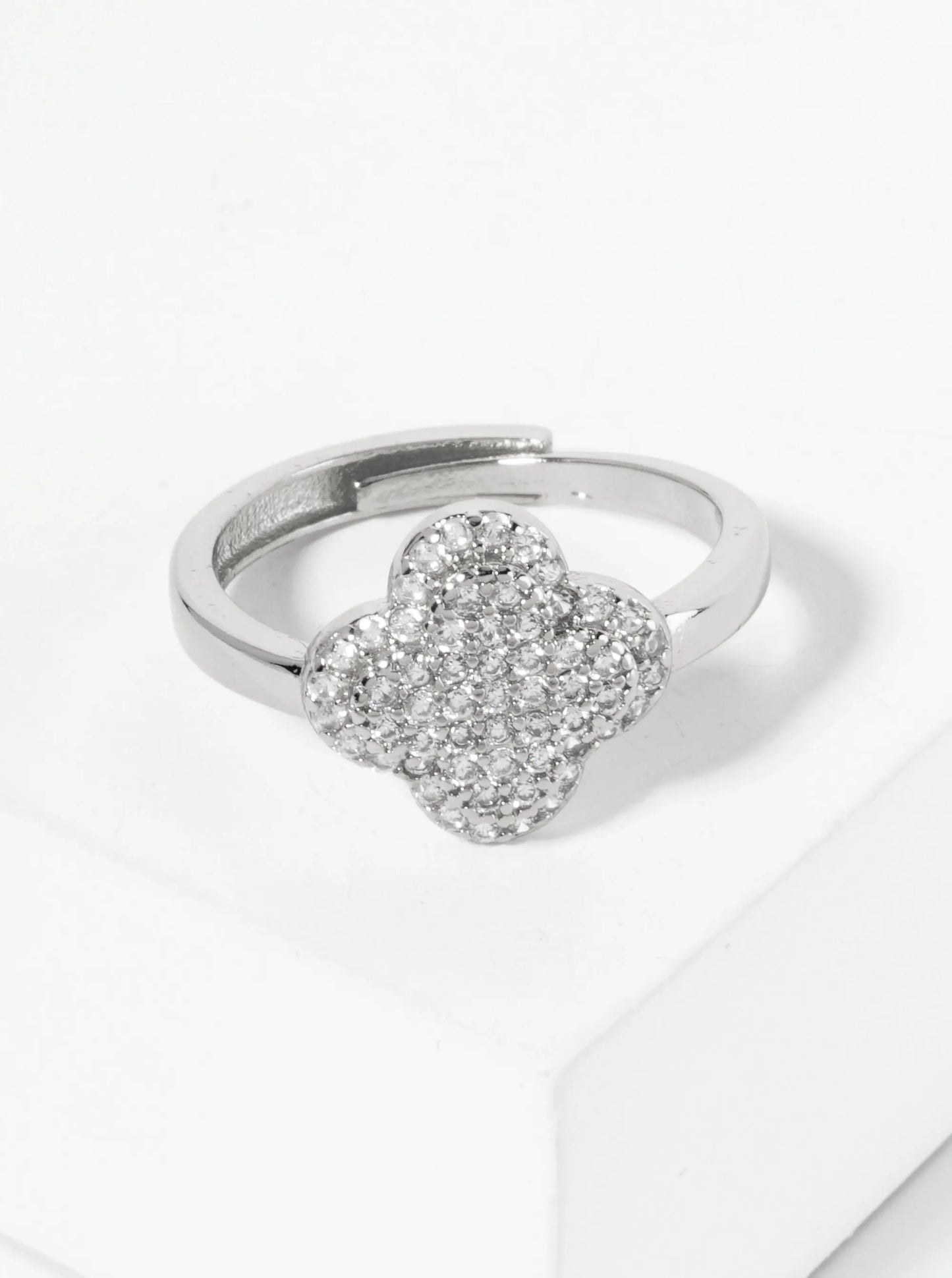 18K Gold Dipped Pave Set CZ 12mm Quatrefoil Adjustable Ring