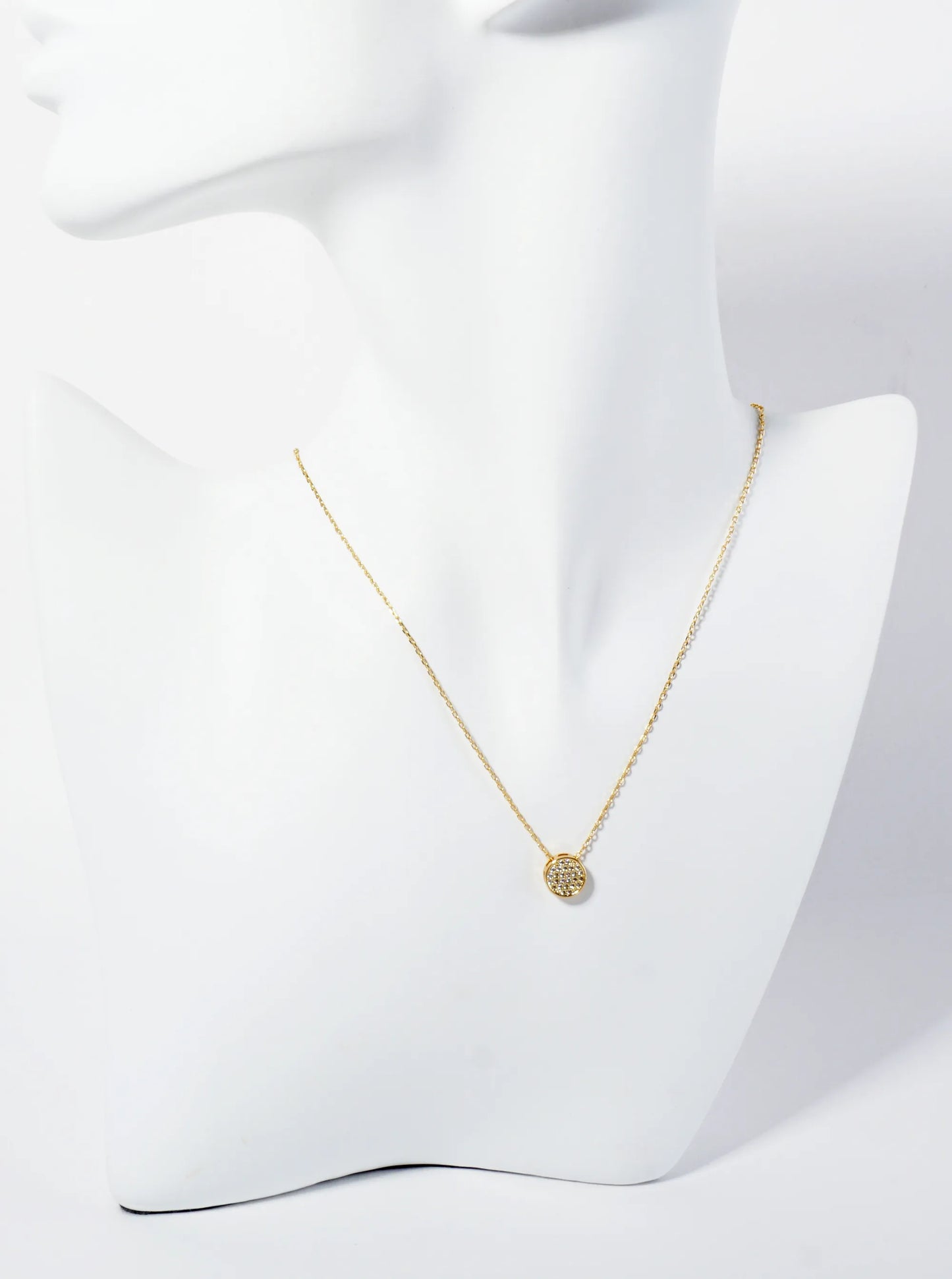 18K Gold Dipped Pave Set CZ 8mm Round Pendant Necklace