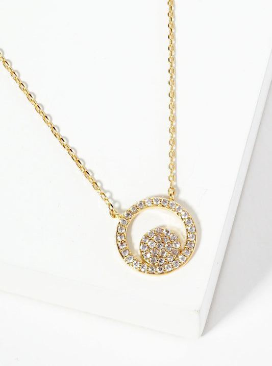 18K Gold Dipped Pave Set CZ Circle Inside Another Circle Pendant Necklace