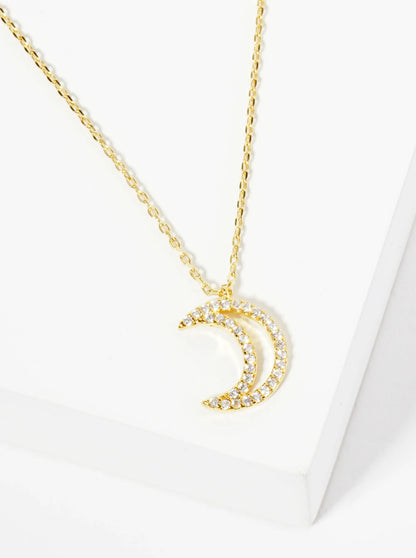 18K Gold Dipped Pave Set CZ Crescent Moon Pendant Necklace