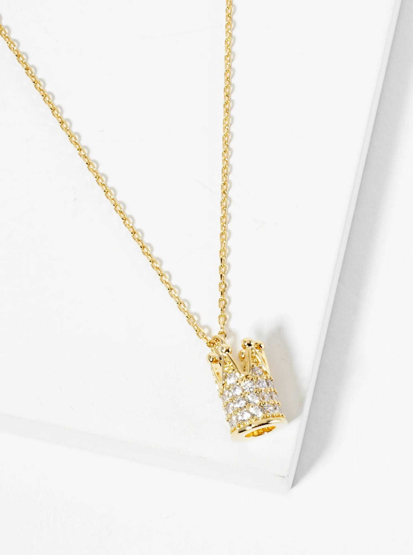 18K Gold Dipped Pave Set CZ Cylindrical Crown Pendant Necklace