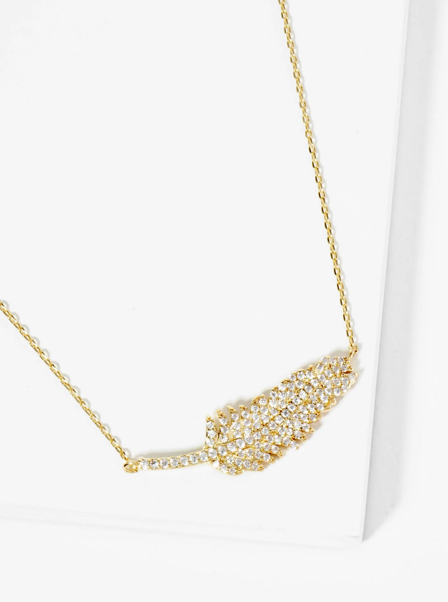 18K Gold Dipped Pave Set CZ Feather Pendant Necklace