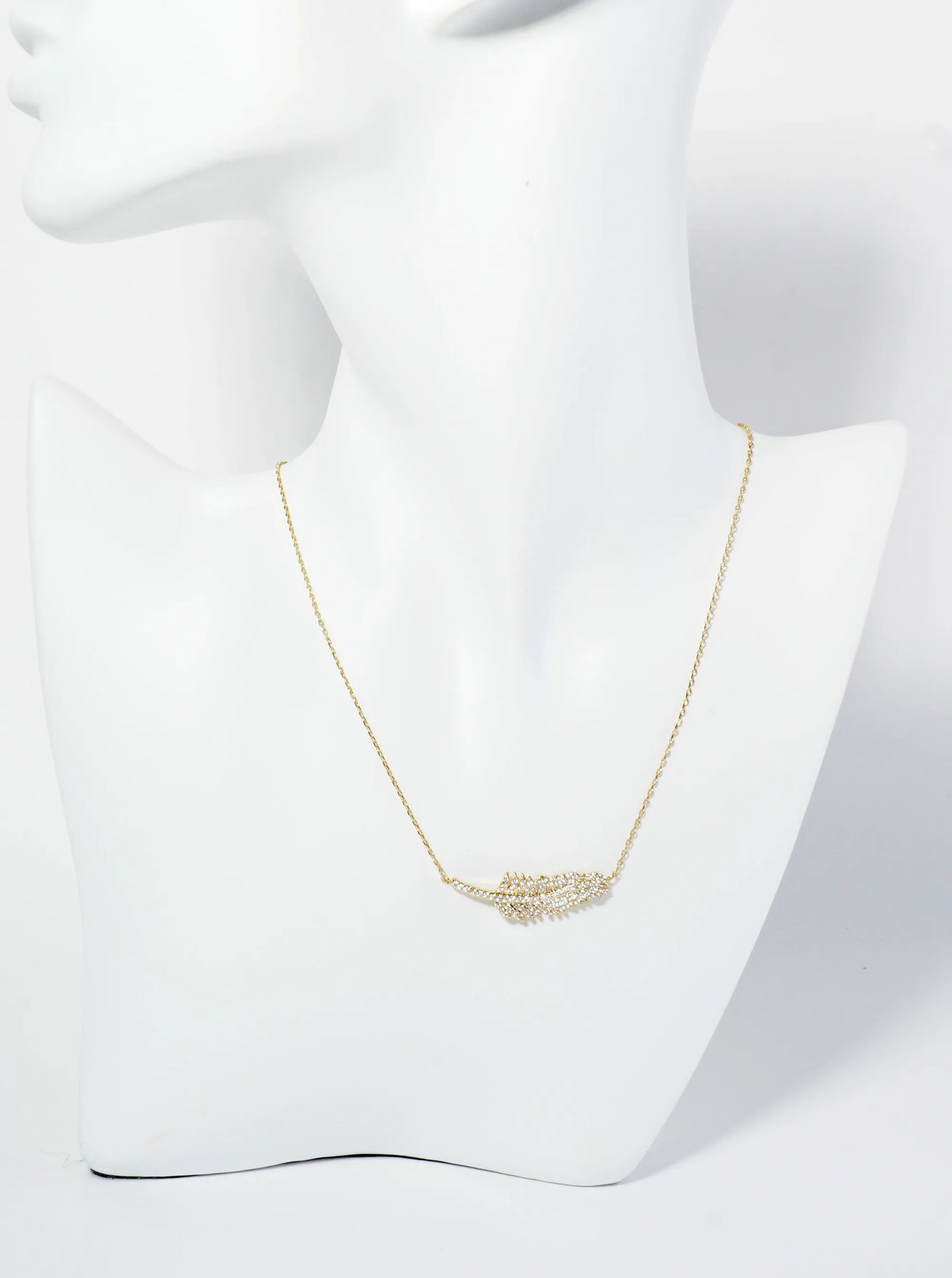 18K Gold Dipped Pave Set CZ Feather Pendant Necklace