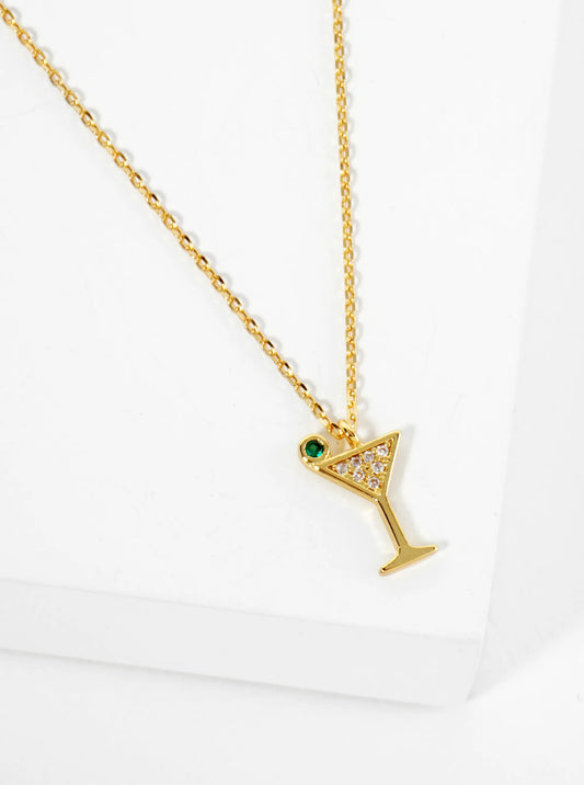 18K Gold Dipped Pave Set CZ Martini Pendant Necklace