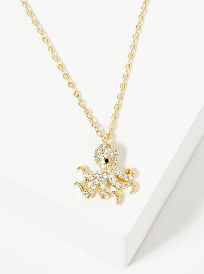 18K Gold Dipped Pave Set CZ Octopus Pendant Necklace