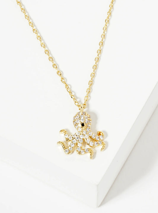 18K Gold Dipped Pave Set CZ Octopus Pendant Necklace