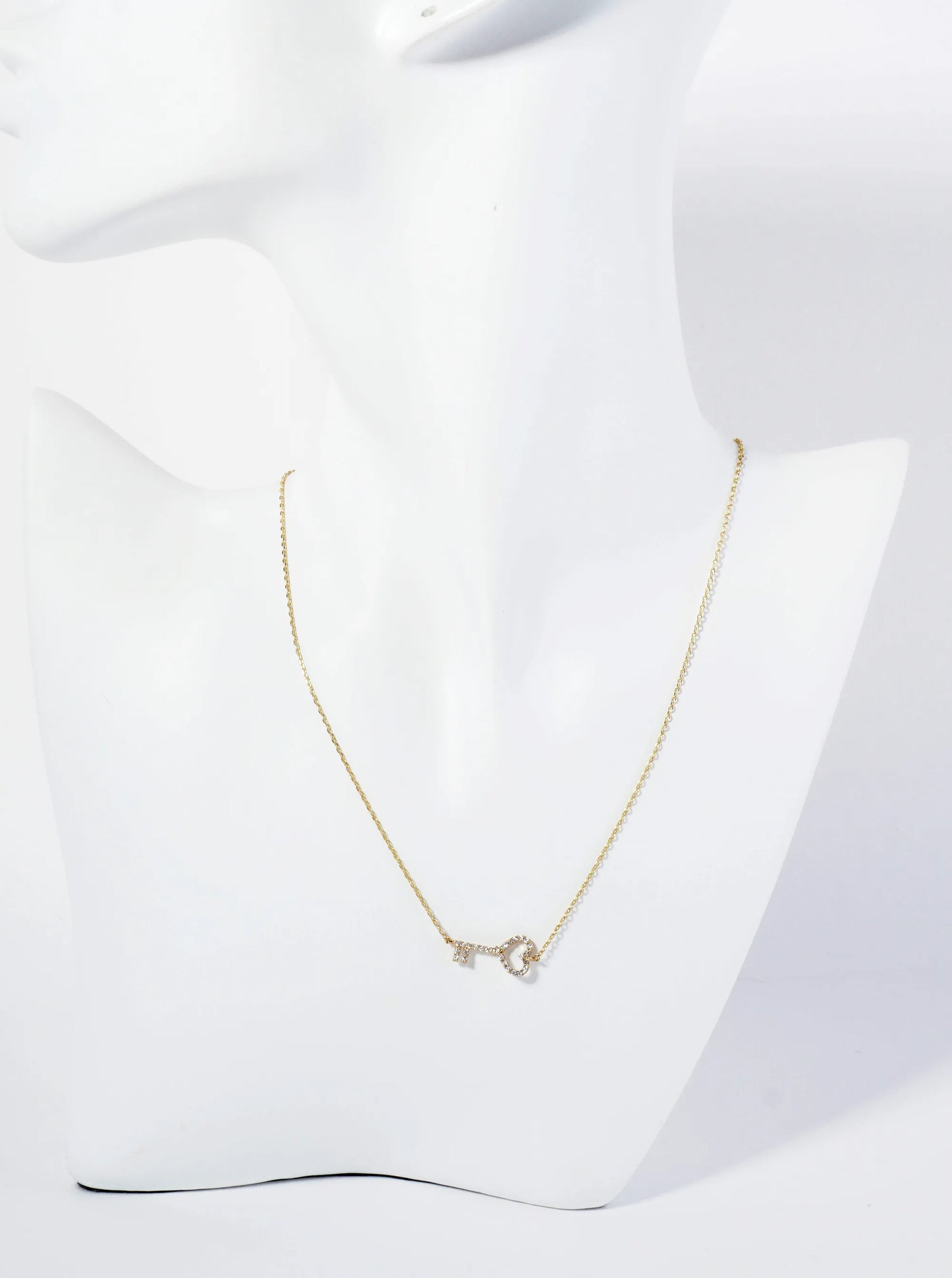 18K Gold Dipped Pave Set CZ Sideways Heart Key Pendant Necklace