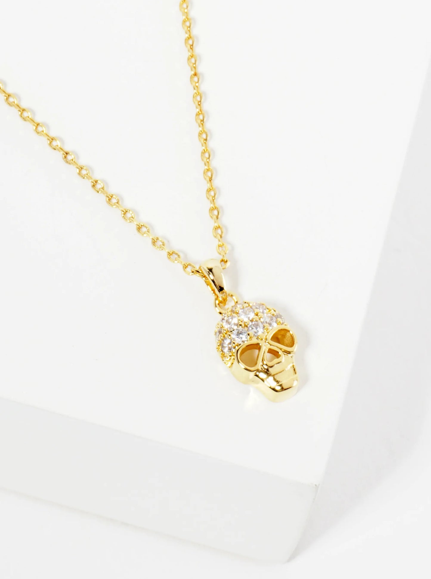 18K Gold Dipped Pave Set CZ Skull Pendant Necklace