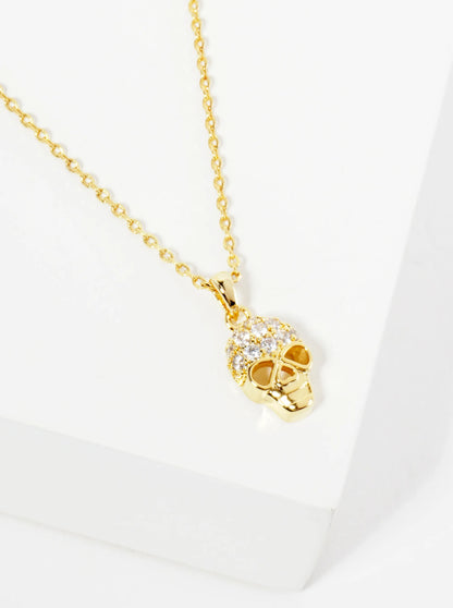 18K Gold Dipped Pave Set CZ Skull Pendant Necklace