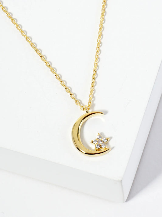 18K Gold Dipped Pave Set CZ Tiny Star Hanging Over The Moon Pendant Necklace