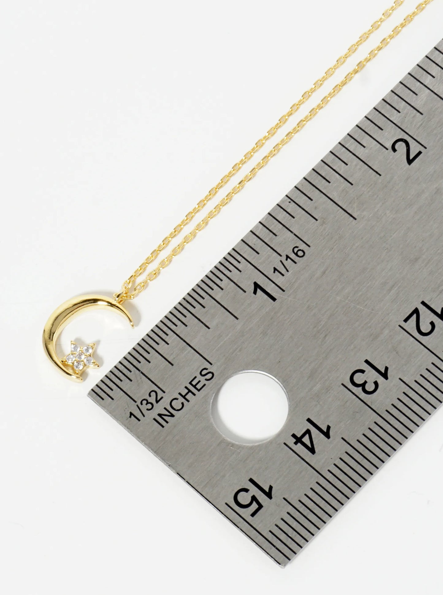 18K Gold Dipped Pave Set CZ Tiny Star Hanging Over The Moon Pendant Necklace