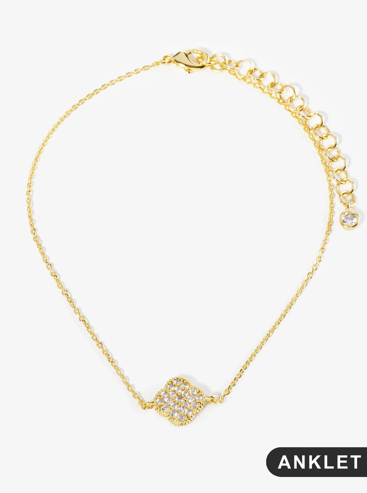 18K Gold Dipped Pave Set Cubic Zirconia 13mm Quatrefoil Chain Anklet