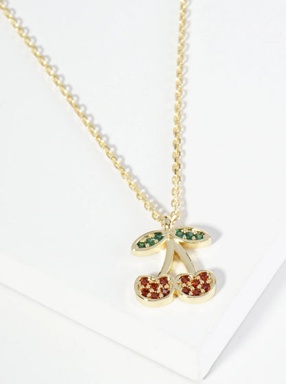 18K Gold Dipped Pave Set Cubic Zirconia Cherry Pendant Necklace