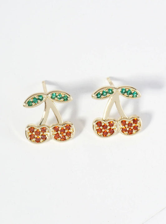 18K Gold Dipped Pave Set Cubic Zirconia Cherry Stud Earrings