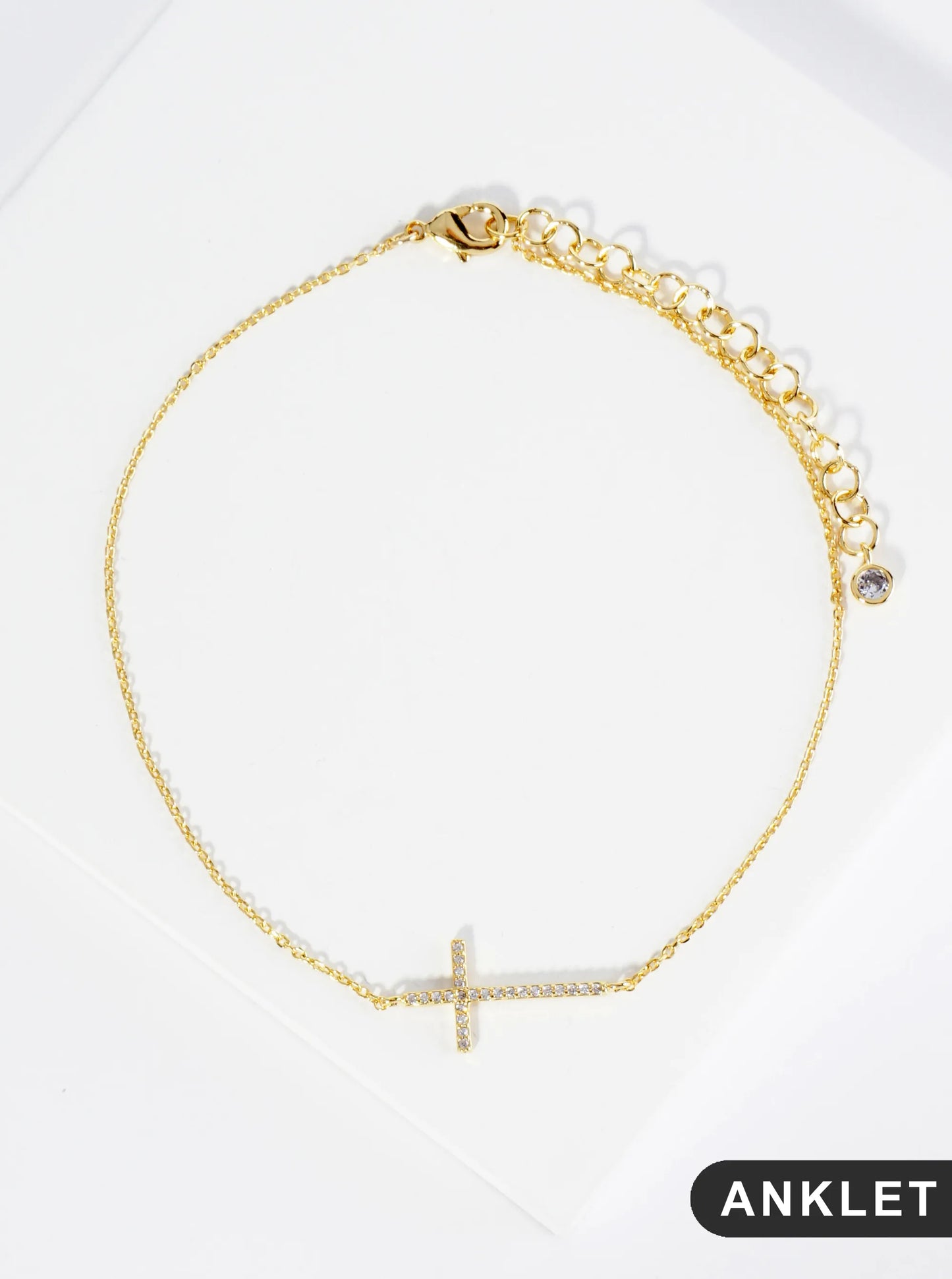 18K Gold Dipped Pave Set Cubic Zirconia Cross Brass Chain Anklet