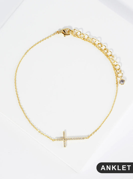18K Gold Dipped Pave Set Cubic Zirconia Cross Brass Chain Anklet