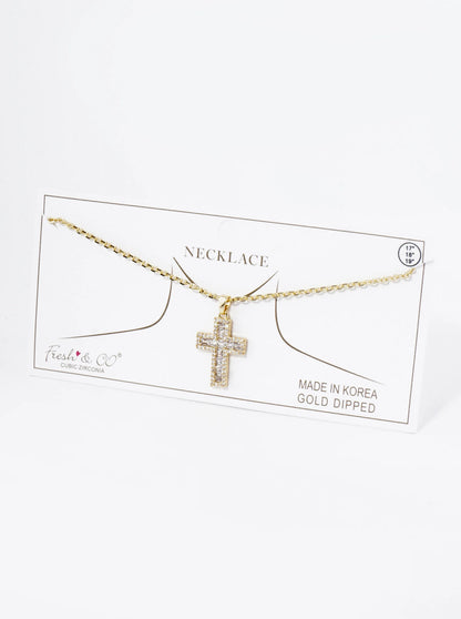18K Gold Dipped Pave Set Cubic Zirconia Cross Pendant Necklace