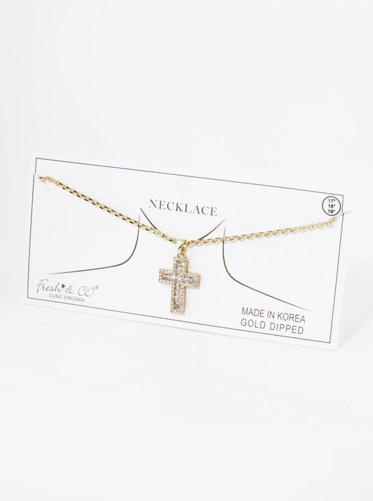 18K Gold Dipped Pave Set Cubic Zirconia Cross Pendant Necklace