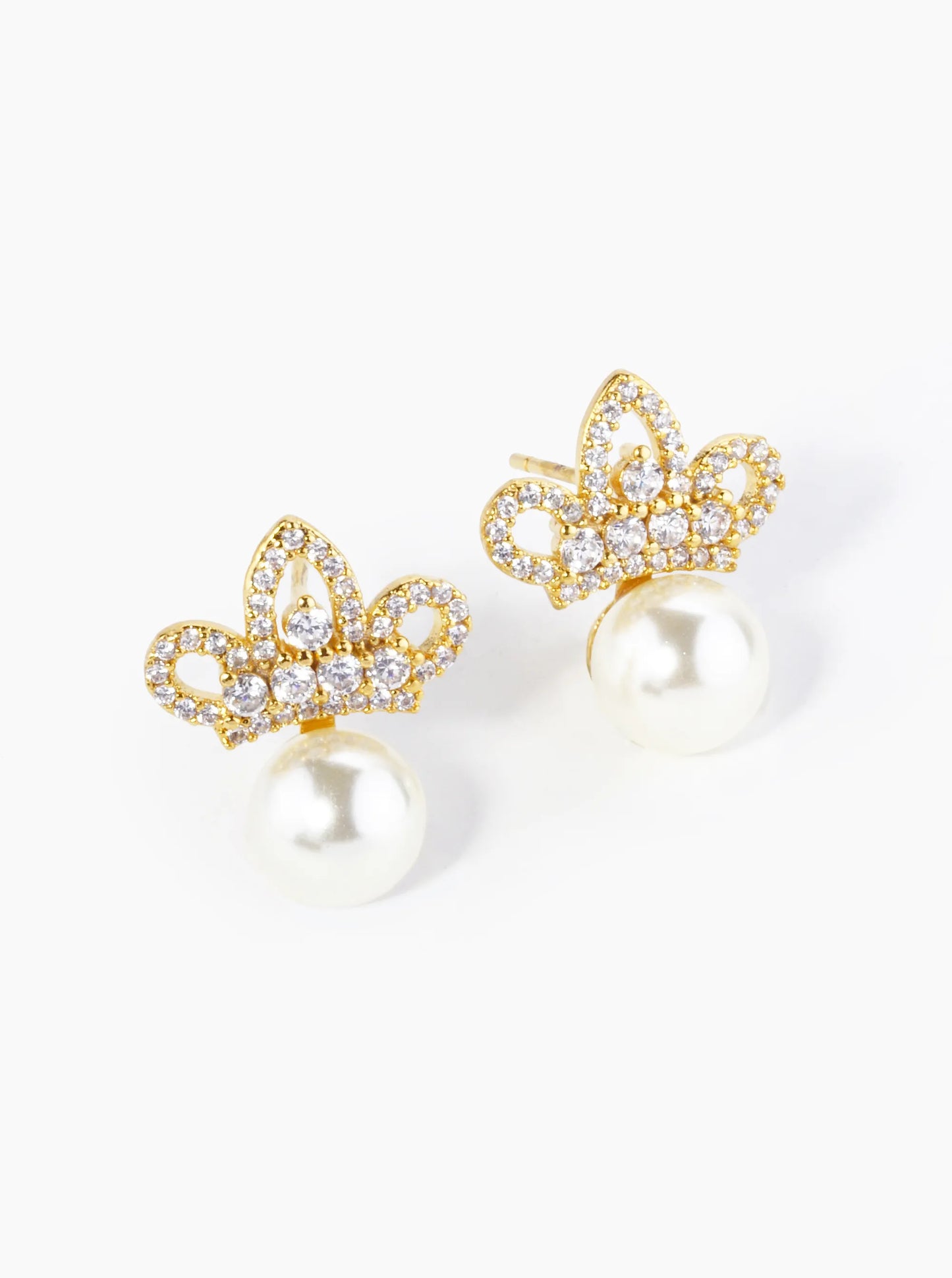 18K Gold Dipped Pave Set Cubic Zirconia Crown With 7mm Pearl Stud Earrings