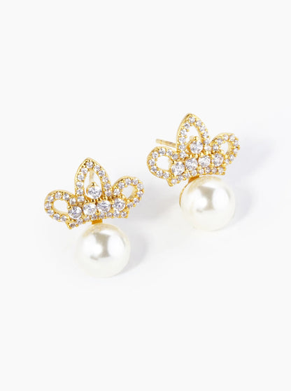 18K Gold Dipped Pave Set Cubic Zirconia Crown With 7mm Pearl Stud Earrings