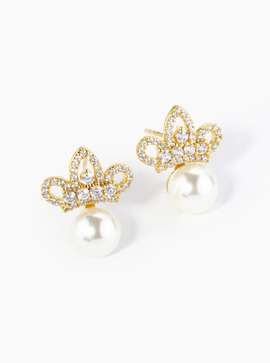 18K Gold Dipped Pave Set Cubic Zirconia Crown With 7mm Pearl Stud Earrings