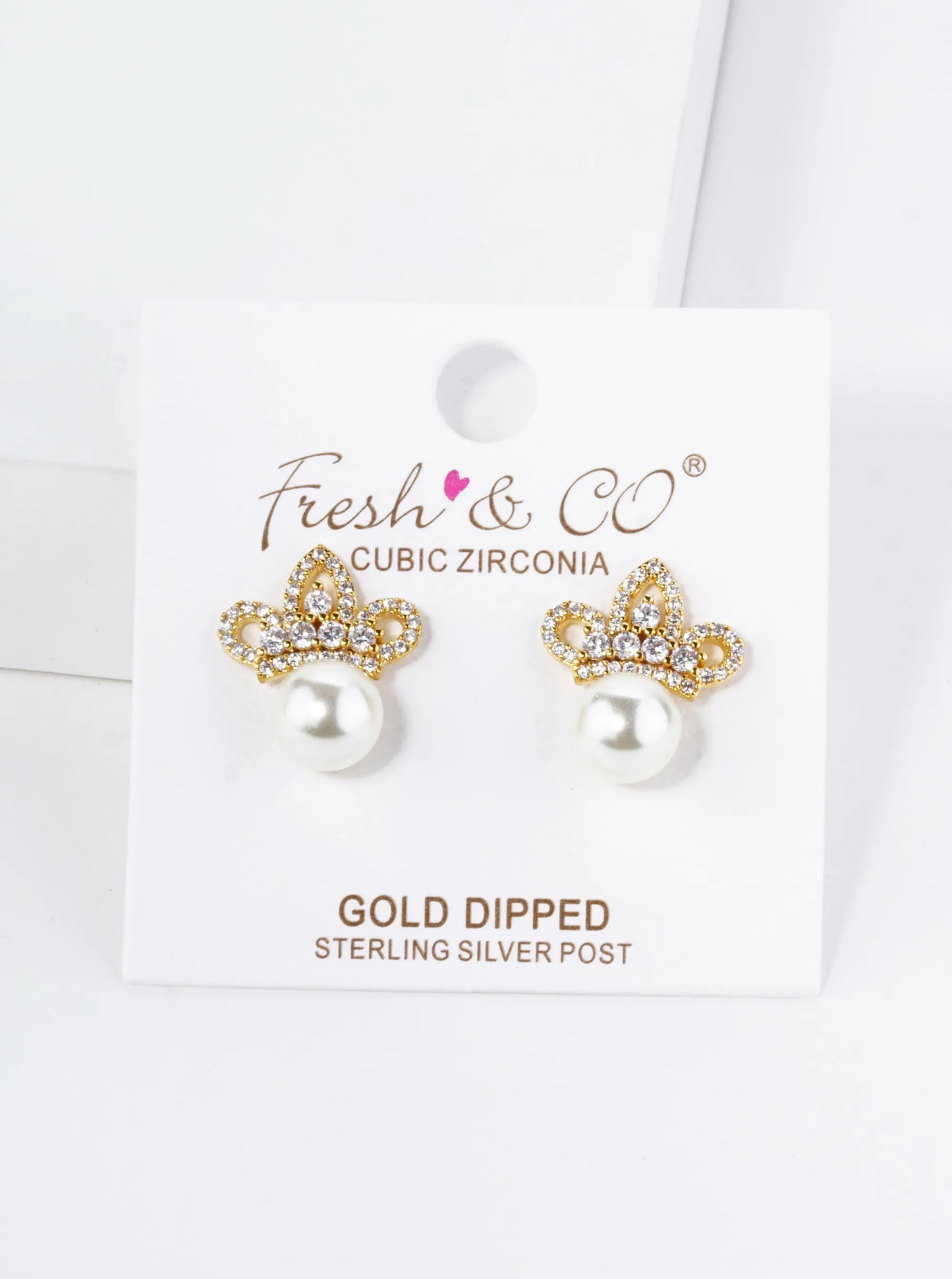18K Gold Dipped Pave Set Cubic Zirconia Crown With 7mm Pearl Stud Earrings