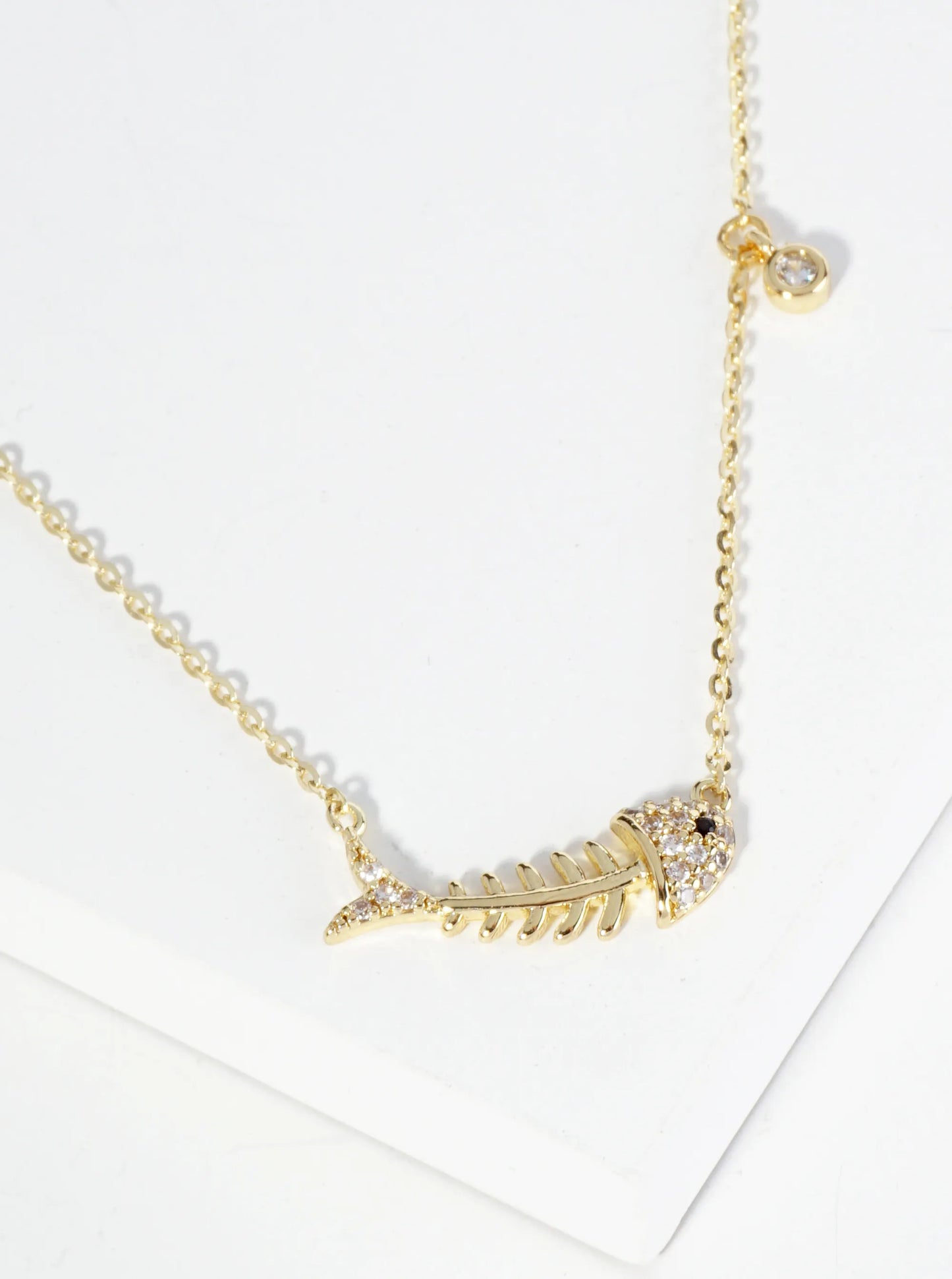 18K Gold Dipped Pave Set Cubic Zirconia Fishbone Pendant Necklace