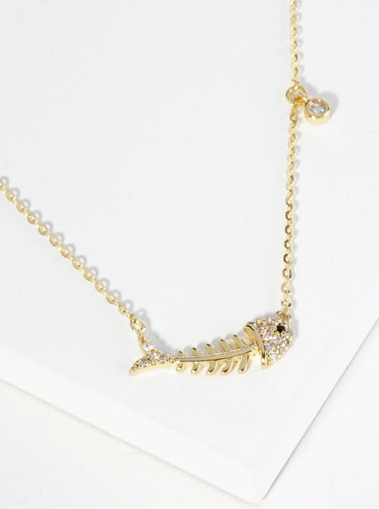 18K Gold Dipped Pave Set Cubic Zirconia Fishbone Pendant Necklace