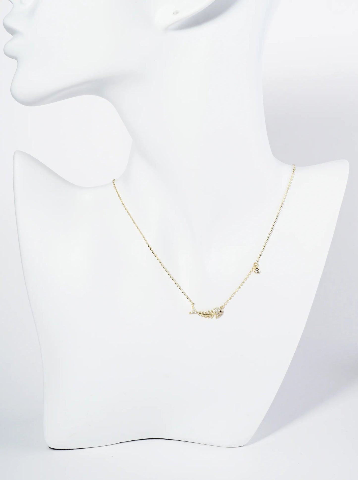 18K Gold Dipped Pave Set Cubic Zirconia Fishbone Pendant Necklace