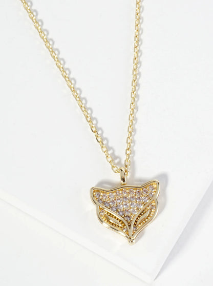 18K Gold Dipped Pave Set Cubic Zirconia Fox Face Pendant Necklace