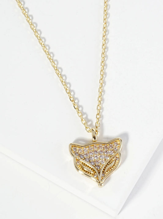 18K Gold Dipped Pave Set Cubic Zirconia Fox Face Pendant Necklace