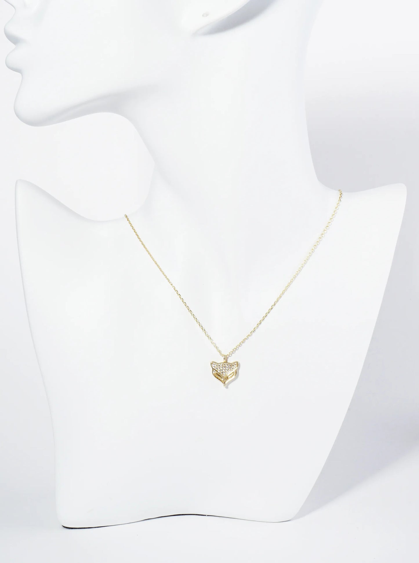 18K Gold Dipped Pave Set Cubic Zirconia Fox Face Pendant Necklace