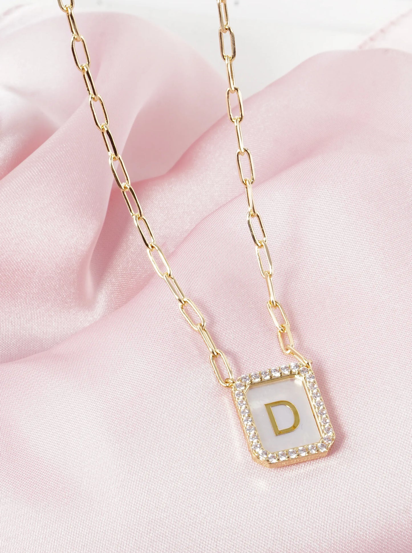 18K Gold Dipped Pave Set Cubic Zirconia Mother Of Pearl Initial Pendant Necklace