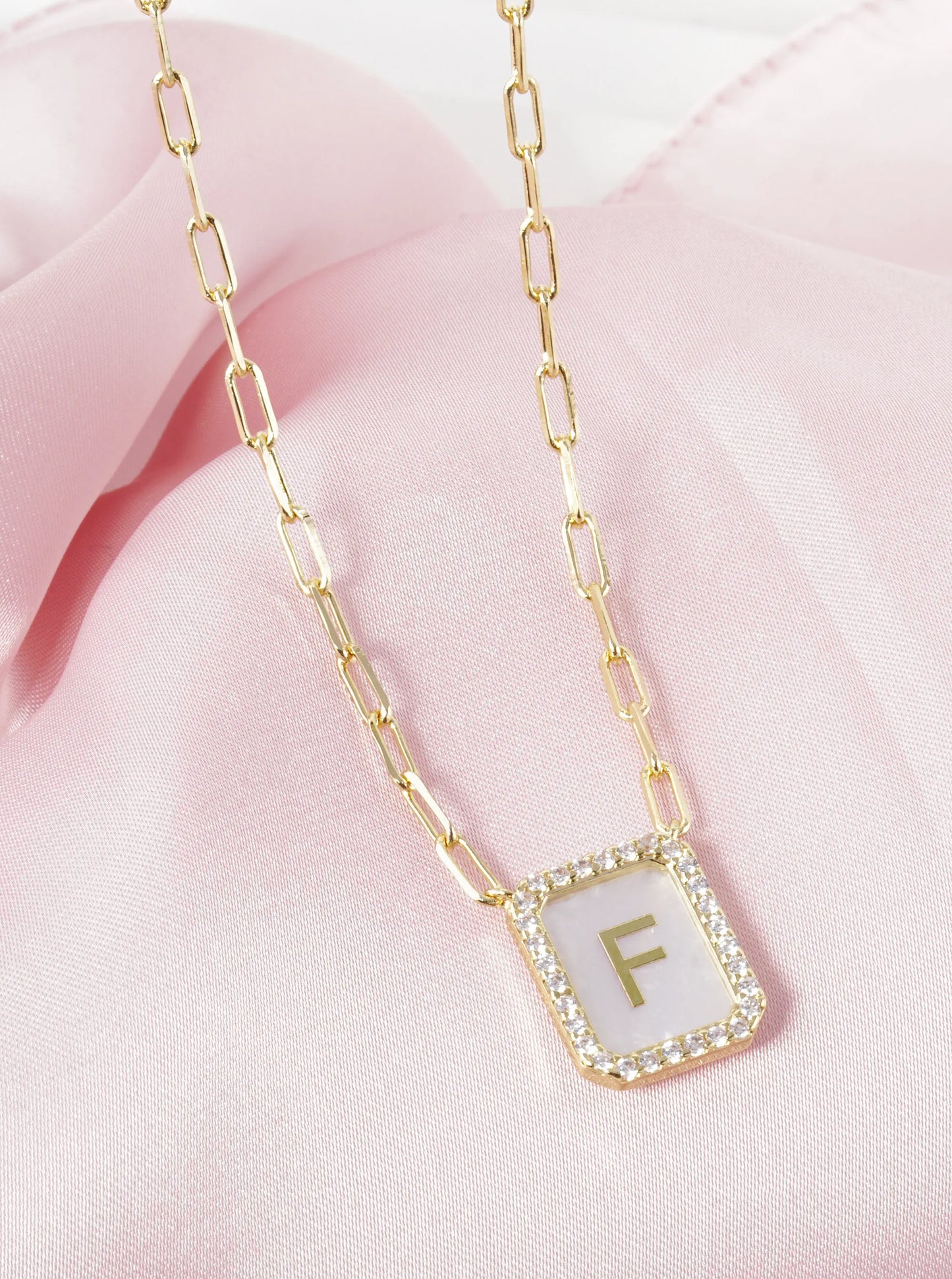 18K Gold Dipped Pave Set Cubic Zirconia Mother Of Pearl Initial Pendant Necklace