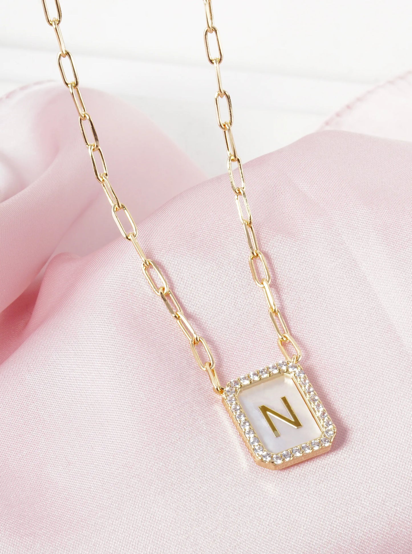 18K Gold Dipped Pave Set Cubic Zirconia Mother Of Pearl Initial Pendant Necklace