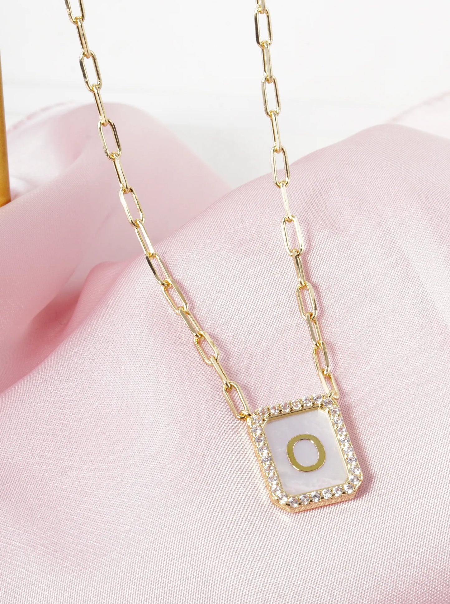 18K Gold Dipped Pave Set Cubic Zirconia Mother Of Pearl Initial Pendant Necklace