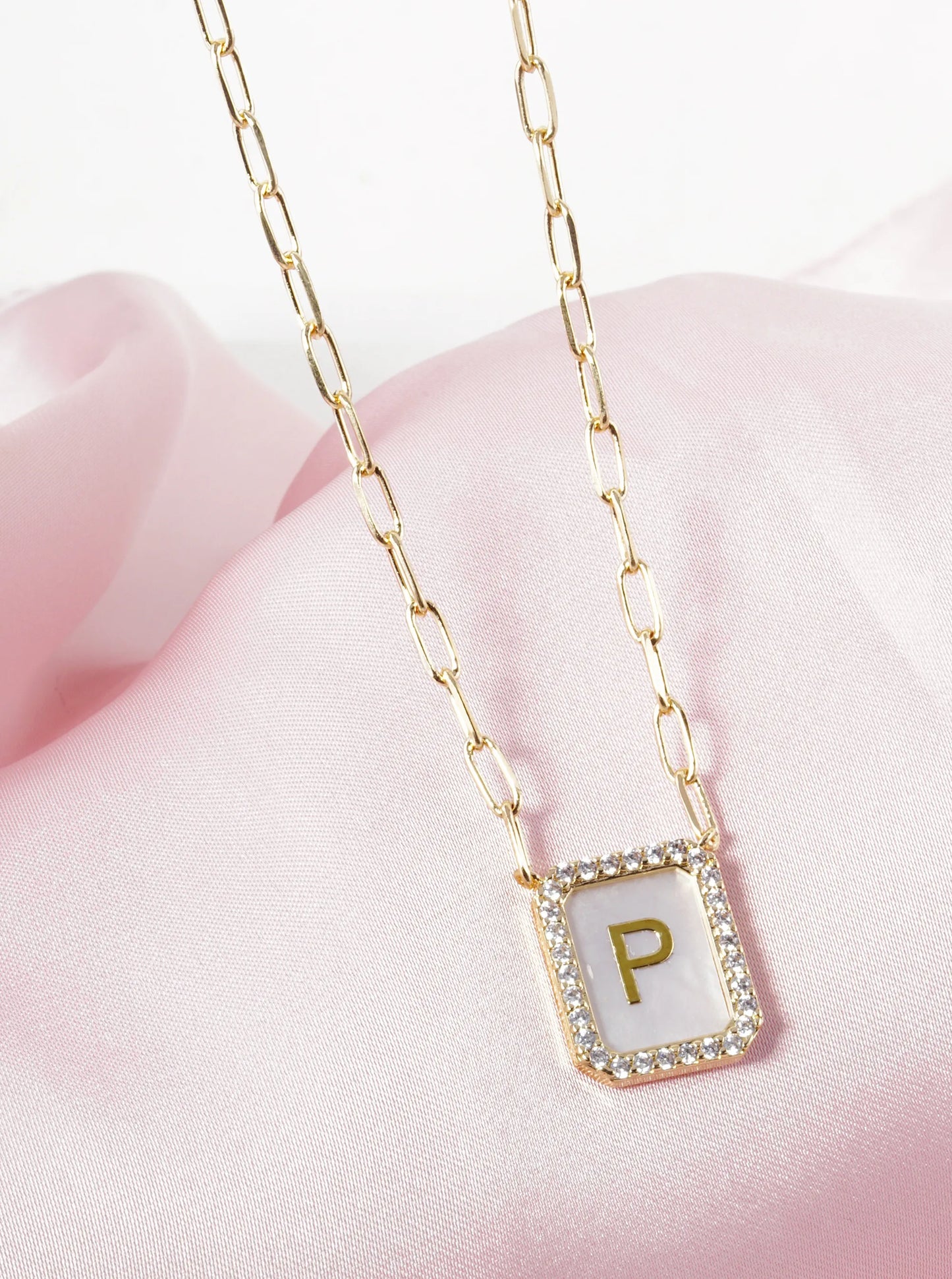 18K Gold Dipped Pave Set Cubic Zirconia Mother Of Pearl Initial Pendant Necklace