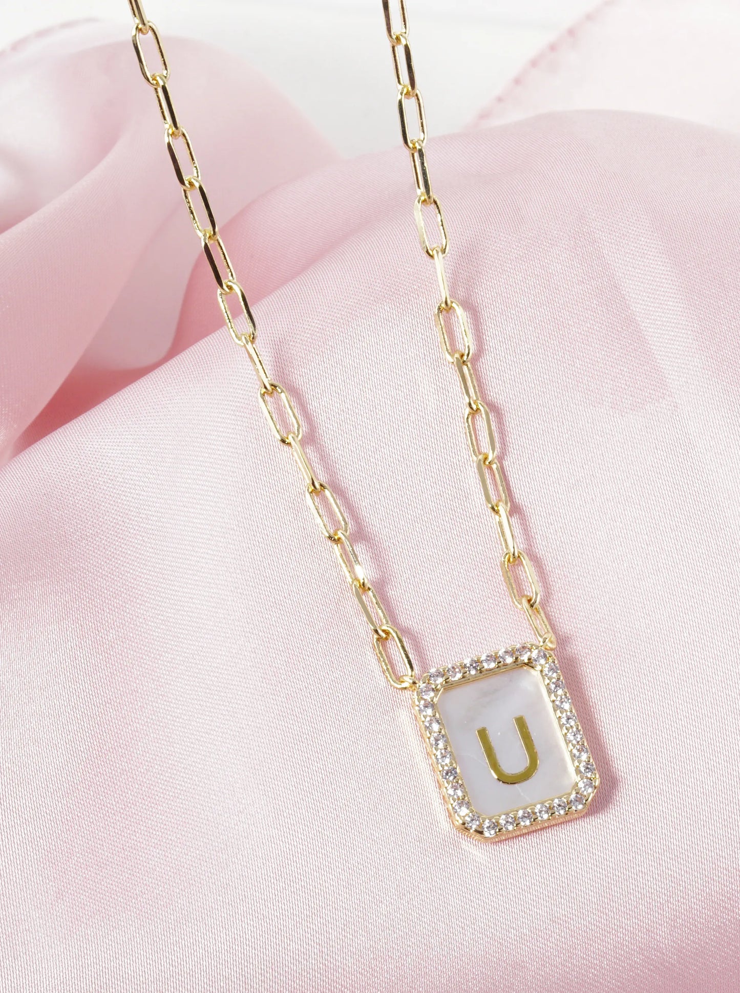 18K Gold Dipped Pave Set Cubic Zirconia Mother Of Pearl Initial Pendant Necklace