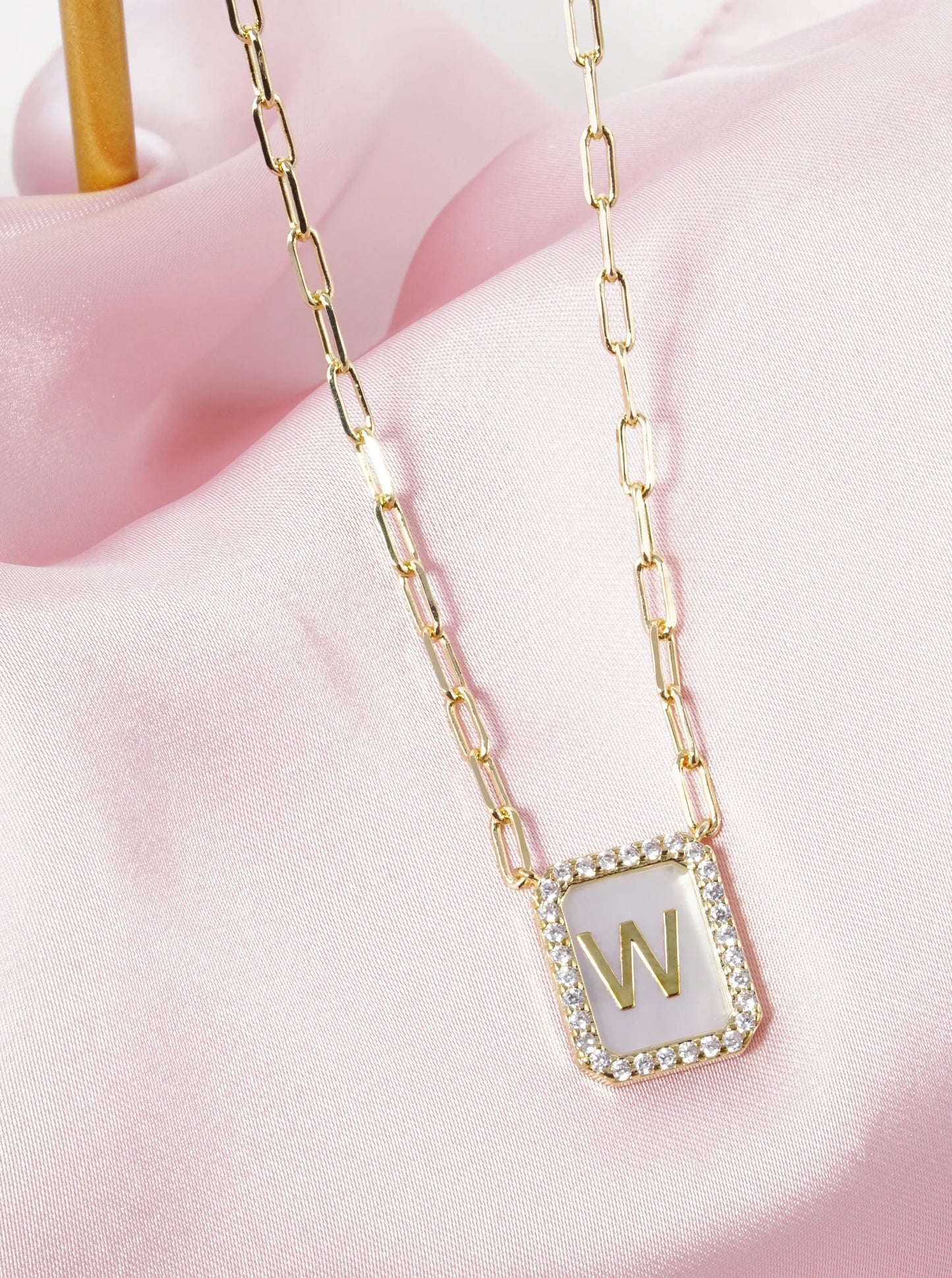 18K Gold Dipped Pave Set Cubic Zirconia Mother Of Pearl Initial Pendant Necklace