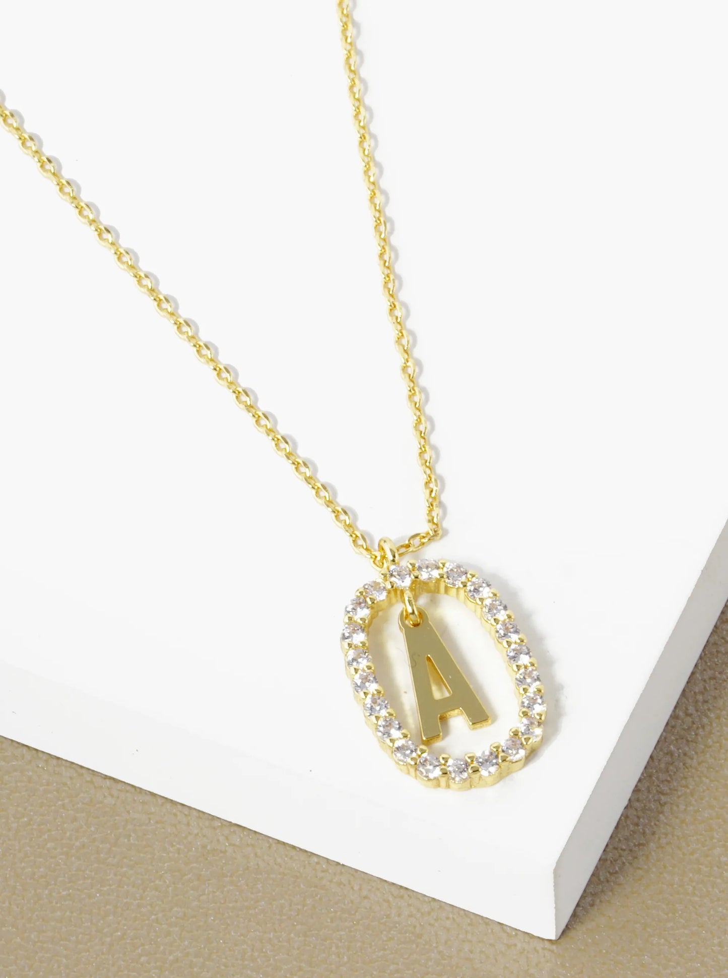 18K Gold Dipped Pave Set Cubic Zirconia Oval In Initial Drop Pendant Necklace