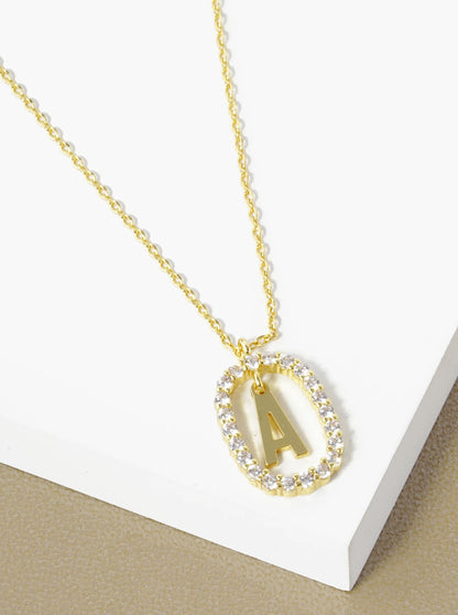 18K Gold Dipped Pave Set Cubic Zirconia Oval In Initial Drop Pendant Necklace