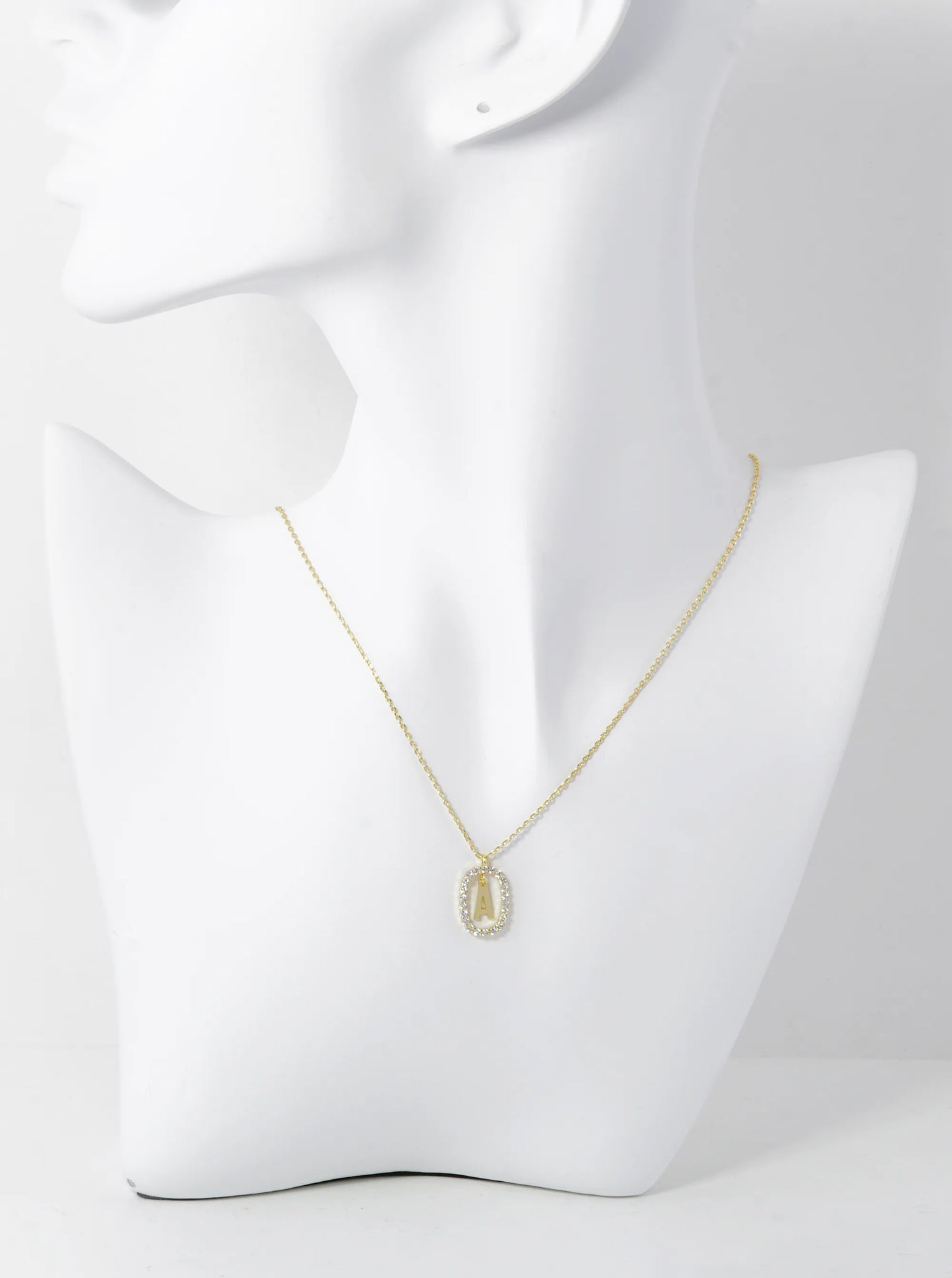 18K Gold Dipped Pave Set Cubic Zirconia Oval In Initial Drop Pendant Necklace