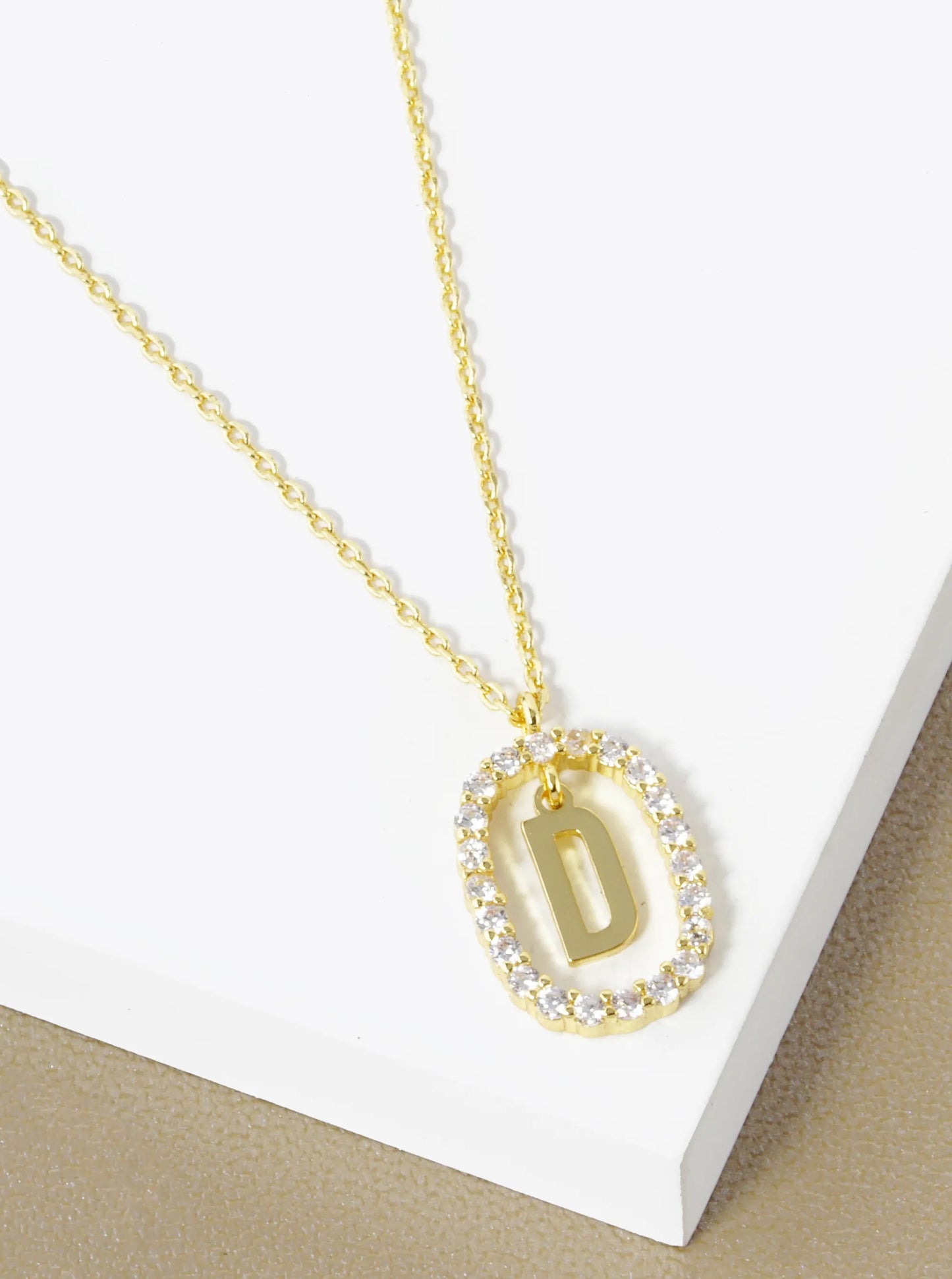 18K Gold Dipped Pave Set Cubic Zirconia Oval In Initial Drop Pendant Necklace