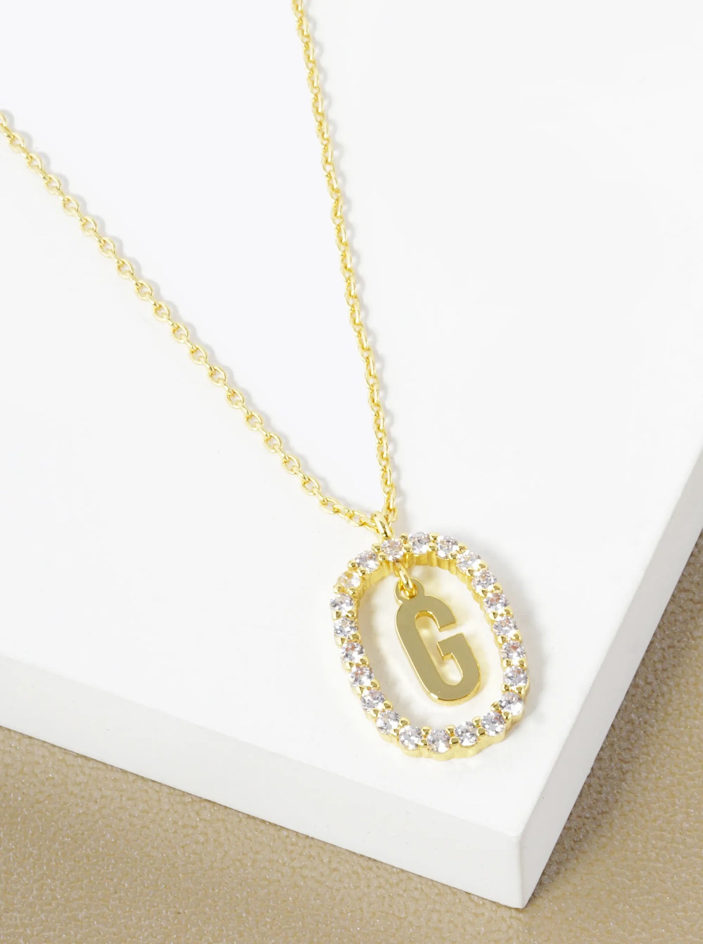 18K Gold Dipped Pave Set Cubic Zirconia Oval In Initial Drop Pendant Necklace