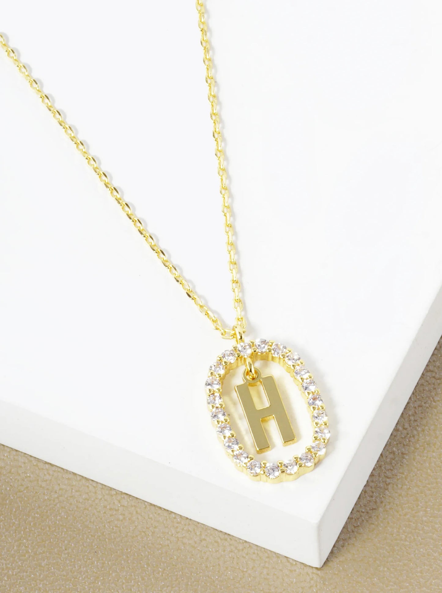 18K Gold Dipped Pave Set Cubic Zirconia Oval In Initial Drop Pendant Necklace