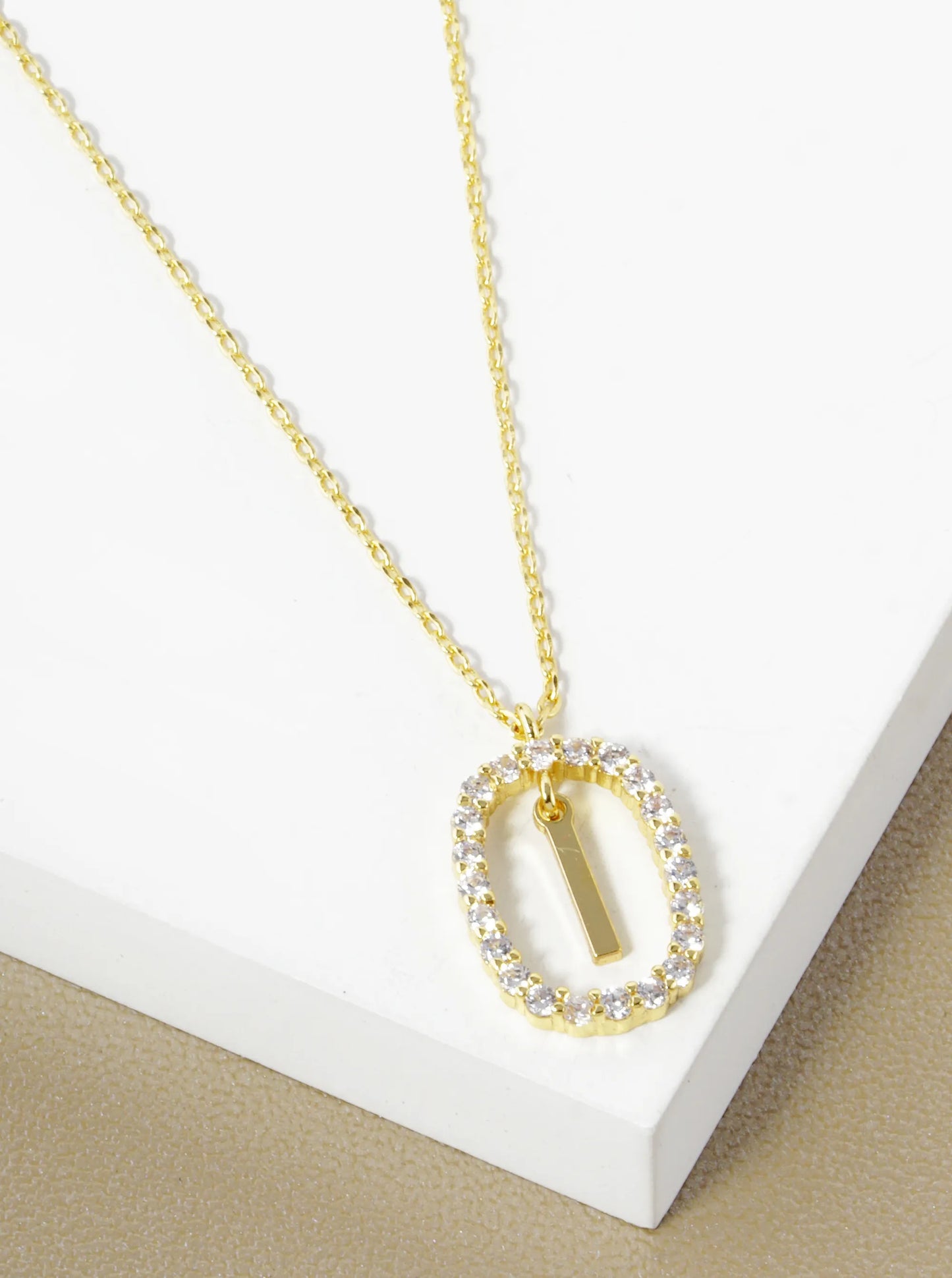 18K Gold Dipped Pave Set Cubic Zirconia Oval In Initial Drop Pendant Necklace