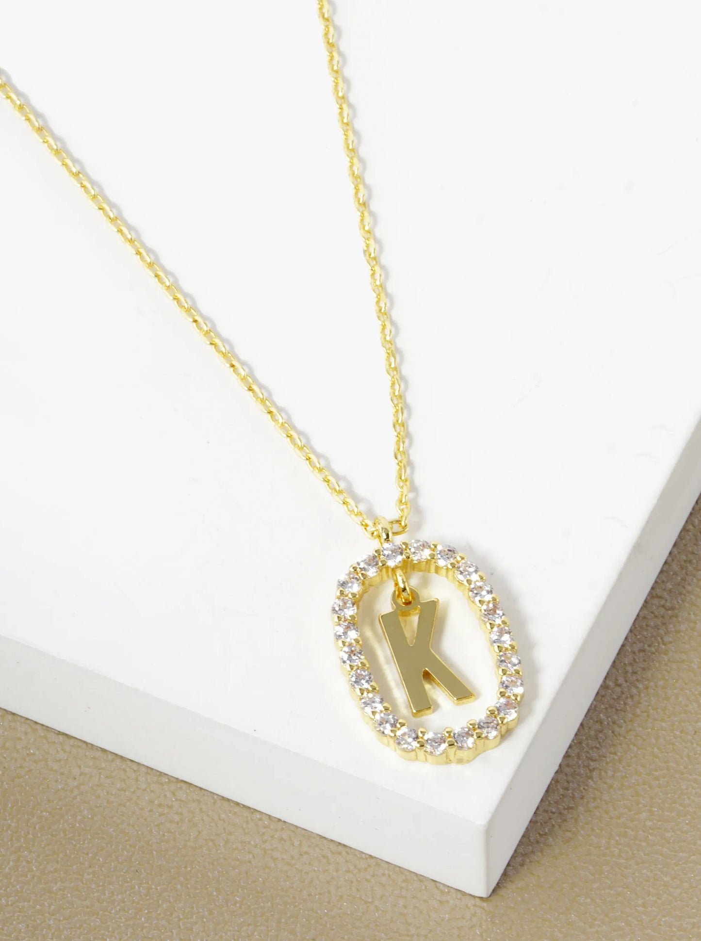 18K Gold Dipped Pave Set Cubic Zirconia Oval In Initial Drop Pendant Necklace