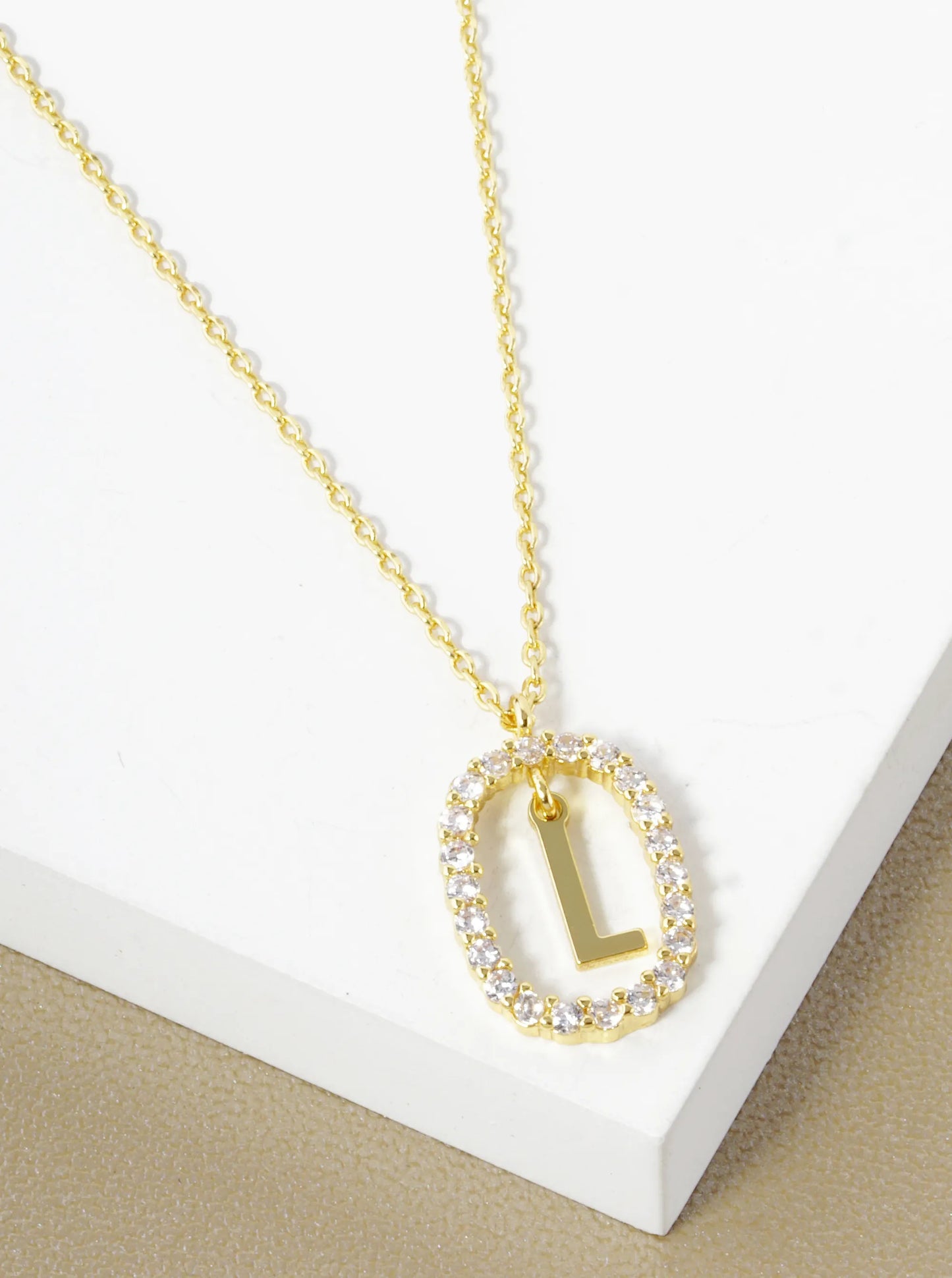 18K Gold Dipped Pave Set Cubic Zirconia Oval In Initial Drop Pendant Necklace