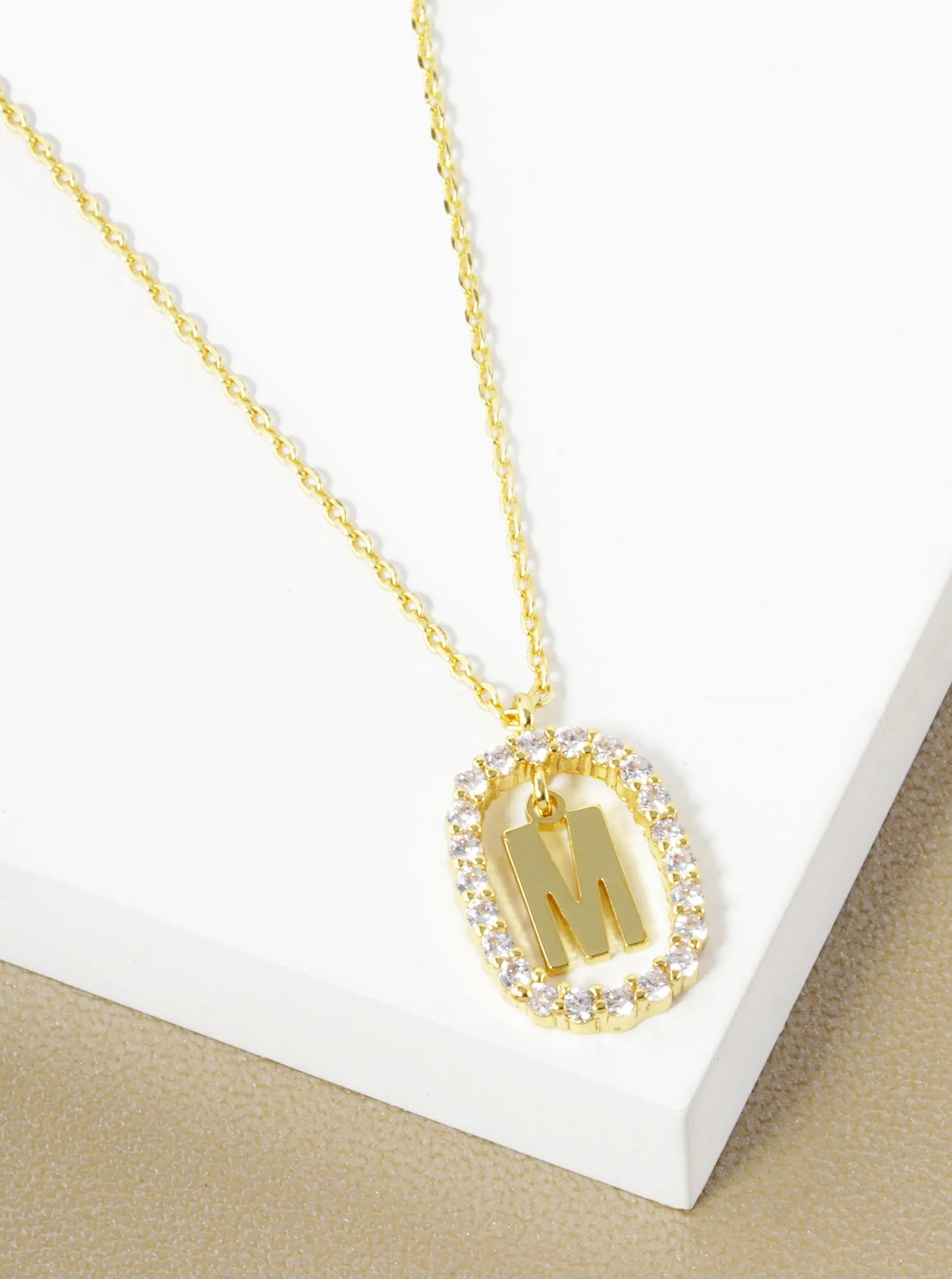 18K Gold Dipped Pave Set Cubic Zirconia Oval In Initial Drop Pendant Necklace